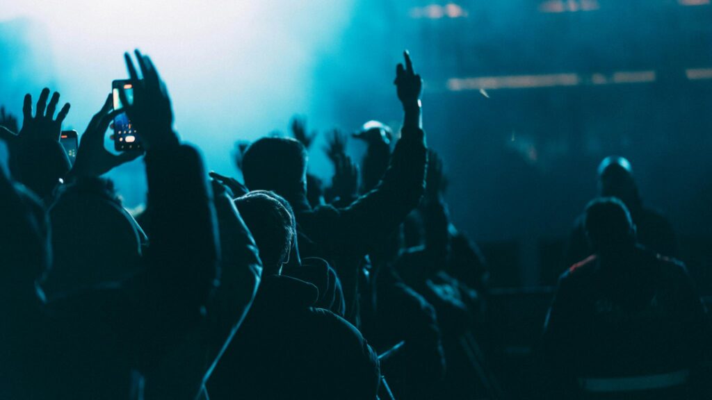 Energetic crowd enjoying a concert, with arms raised and phones recording.